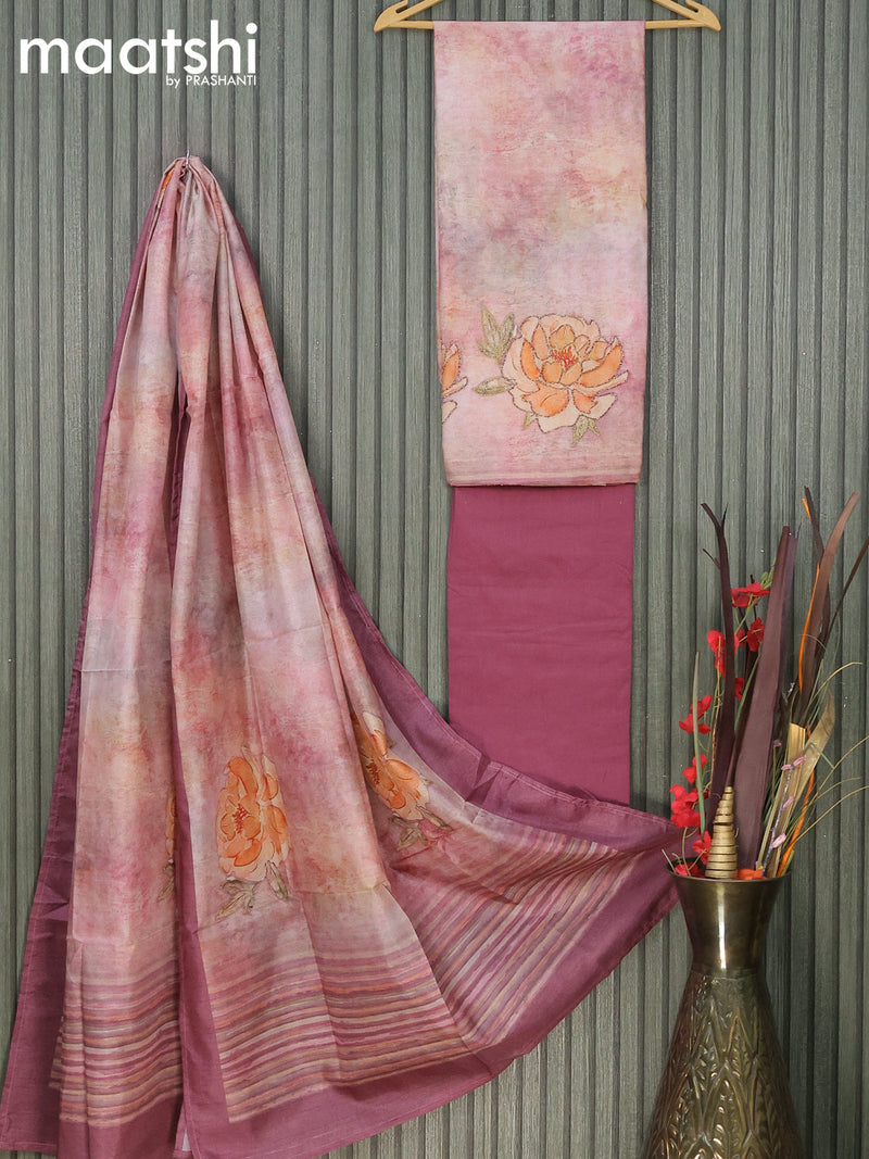 Chanderi dress material pastel shade of pink mauve pink with floral design embroidery and pant & printed dupatta