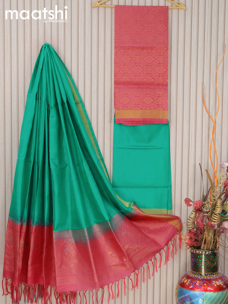 Pure silk dress material teal green pink with allover zari weaves and bottom & zari dupatta