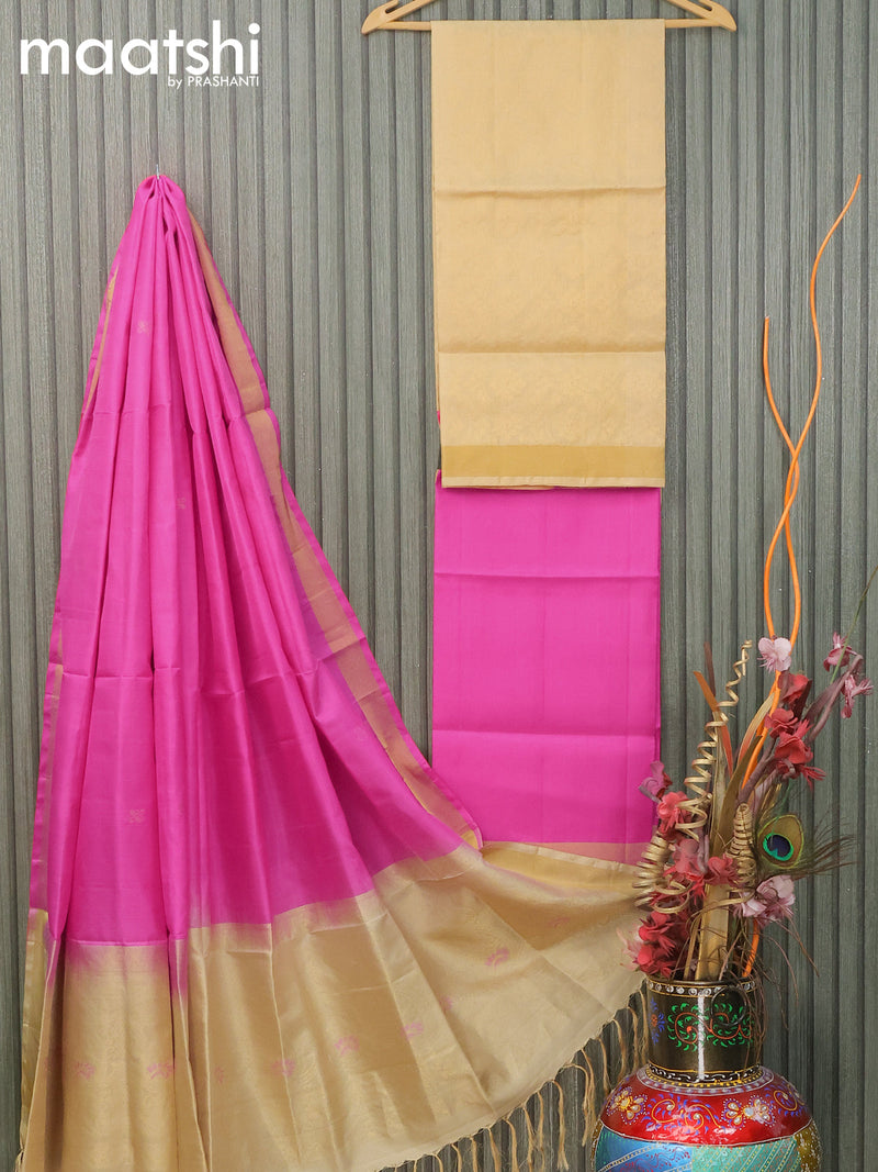 Pure silk dress material sandal pink with allover zari weaves and bottom & zari dupatta