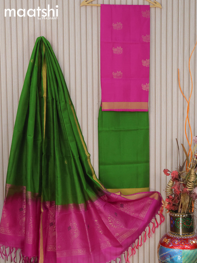 Pure silk dress material pink green with zari woven buttas and bottom & zari dupatta