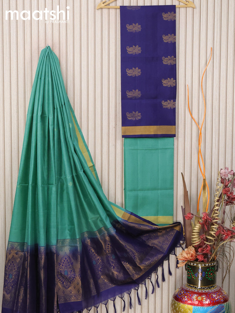 Pure silk dress material dark blue teal green shade with paisley zari woven buttas and bottom & zari dupatta