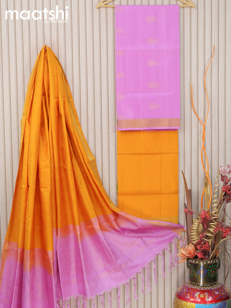 Pure silk dress material lavender yellow with zari woven buttas and bottom & zari dupatta