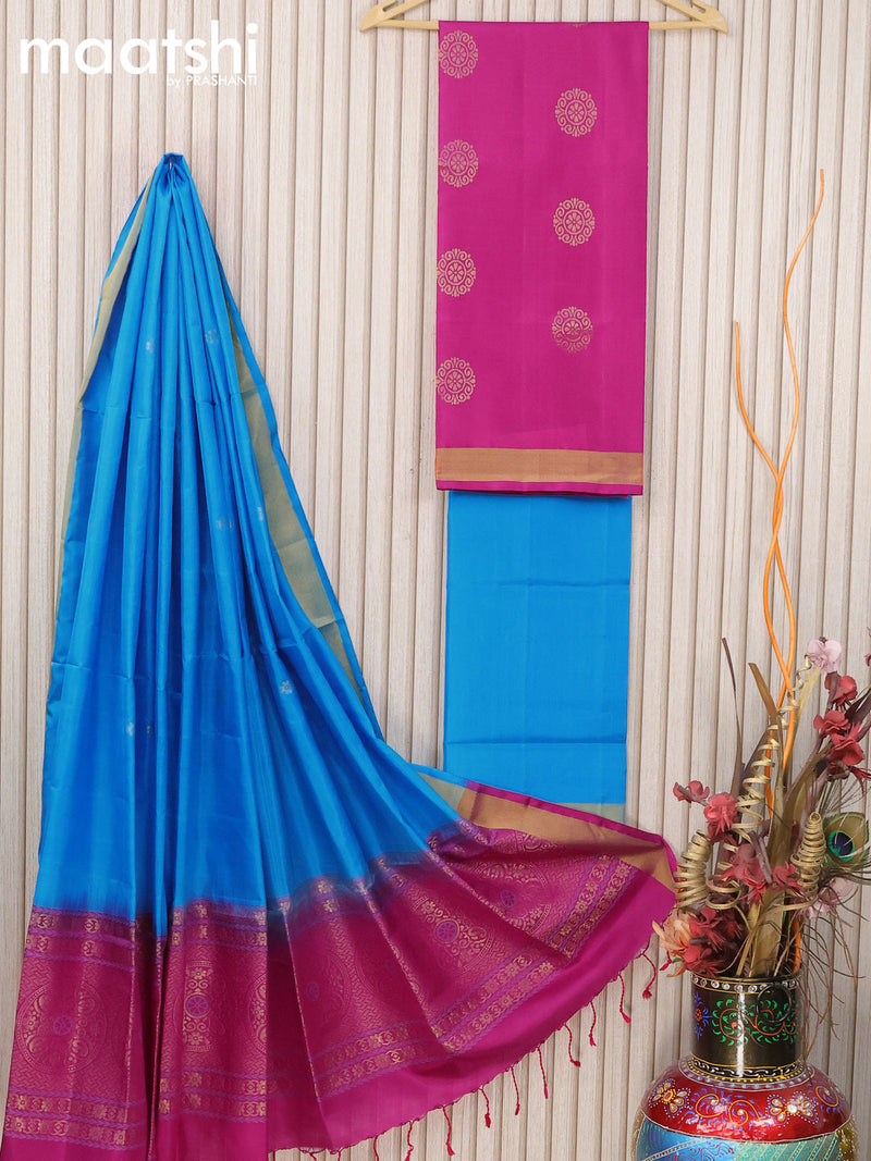 Pure silk dress material pink cs blue with zari woven buttas and bottom & zari dupatta