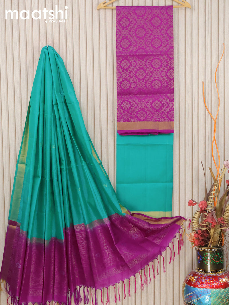 Pure silk dress material magenta pink teal blue with allover zari weaves and bottom & zari dupatta