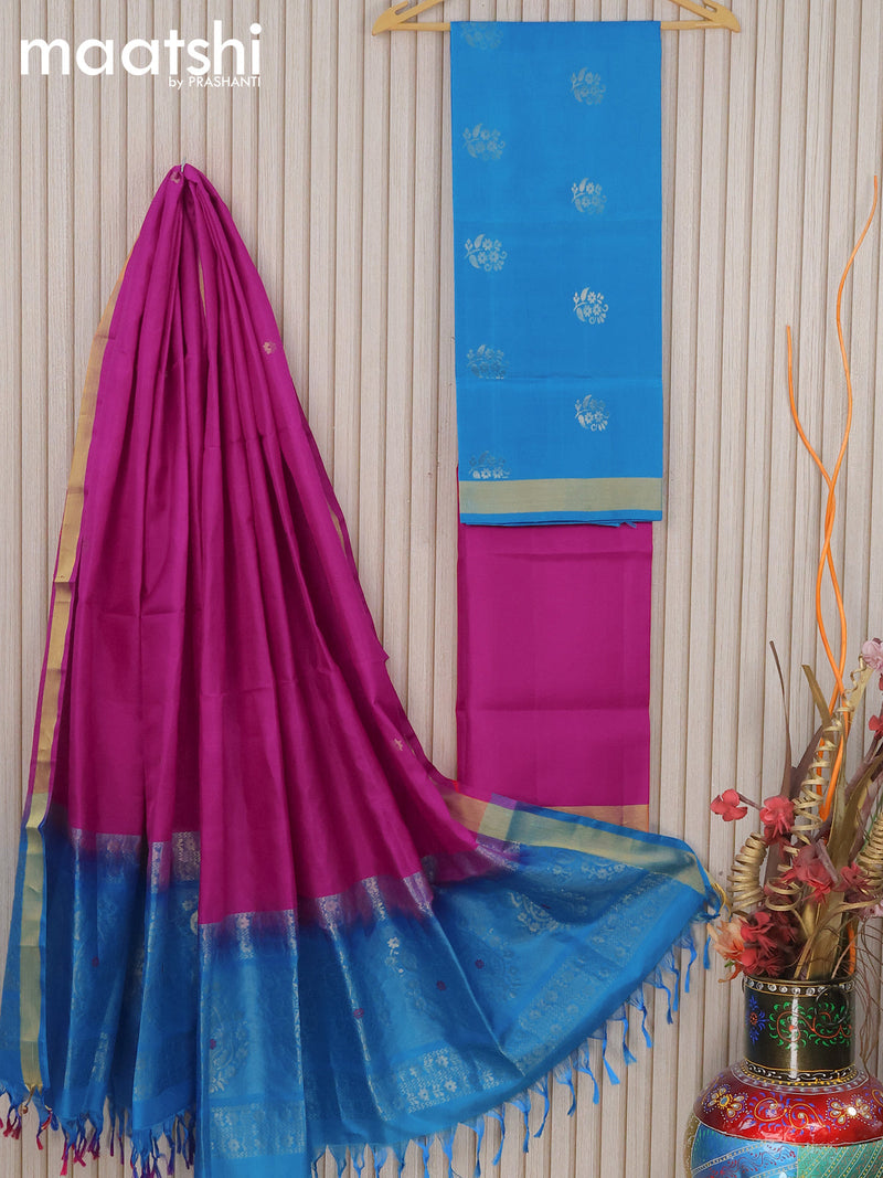 Pure silk dress material blue pink with floral zari woven buttas and bottom & zari dupatta