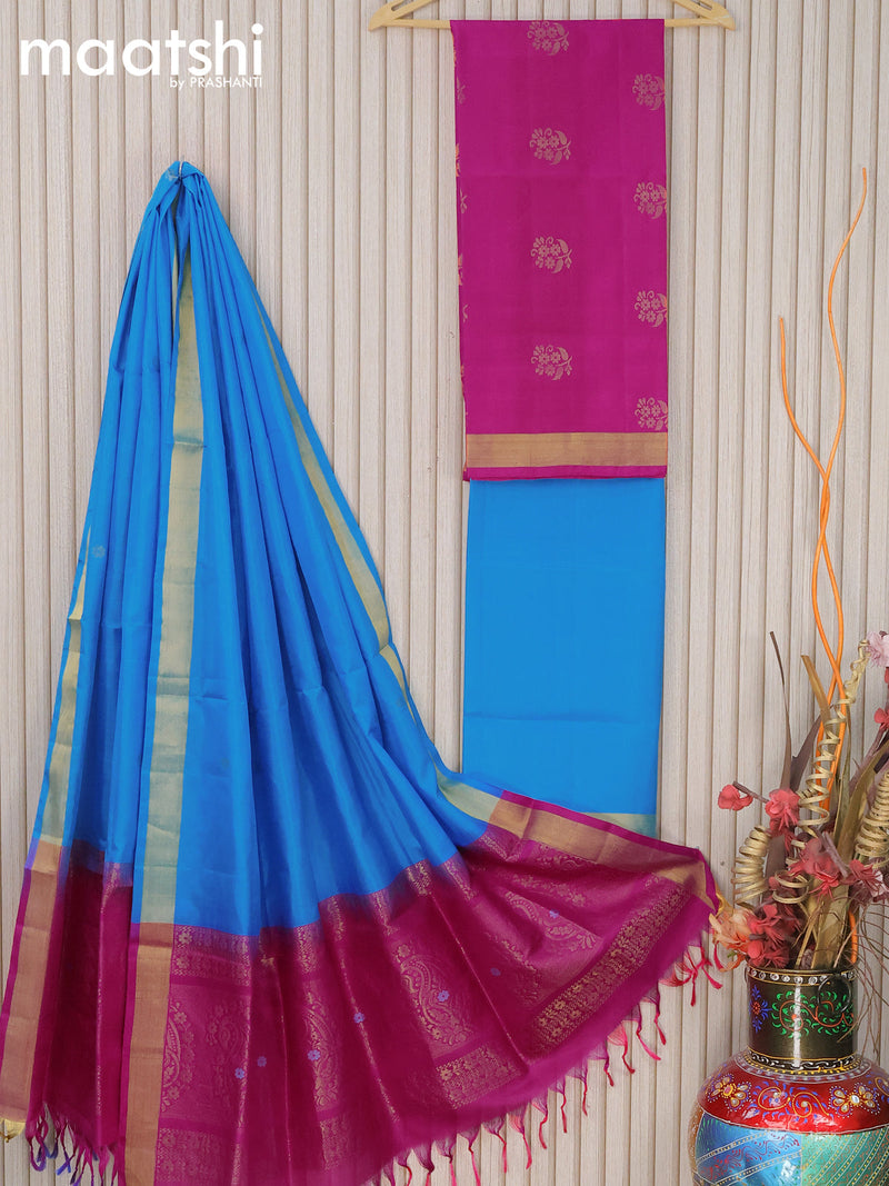 Pure silk dress material pink blue with floral zari woven buttas and bottom & zari dupatta