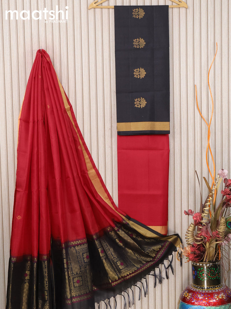 Pure silk dress material black red with zari woven buttas and bottom & zari dupatta