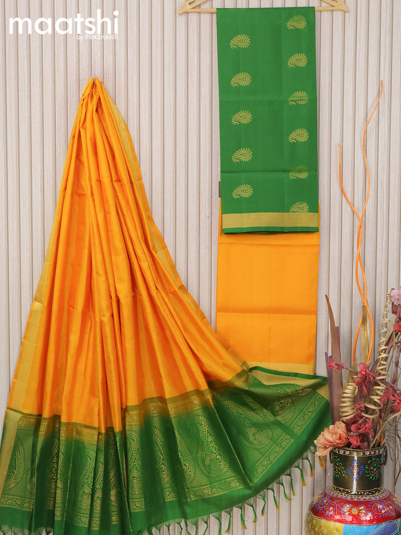 Pure silk dress material green yellow with paisley zari woven buttas and bottom & zari dupatta