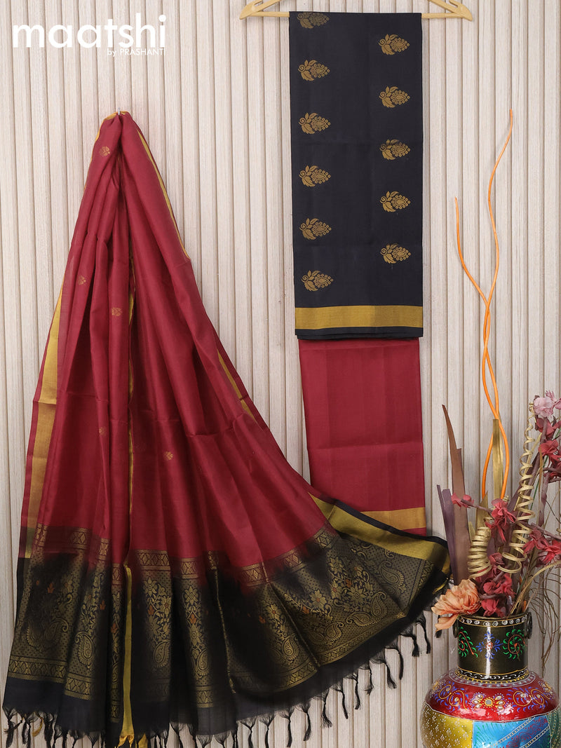 Pure silk dress material black maroon with zari woven buttas and bottom & zari dupatta