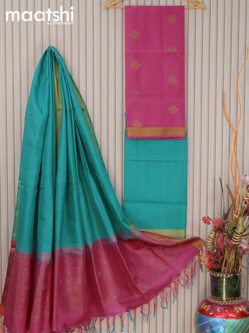 Pure silk dress material pink teal blue with zari woven buttas and bottom & zari dupatta