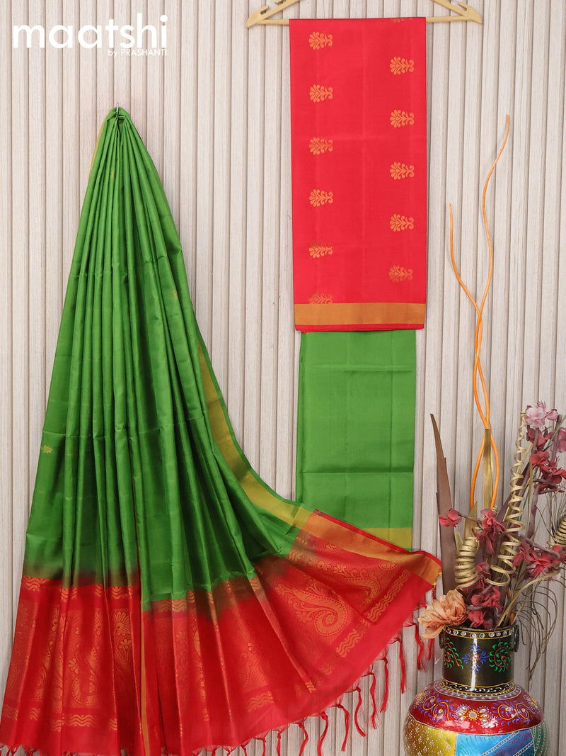 Pure silk dress material red green with zari woven buttas and bottom & zari dupatta