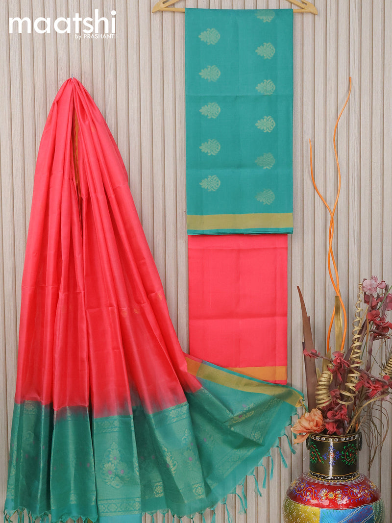 Pure silk dress material teal blue peach pink with zari woven buttas and bottom & zari dupatta