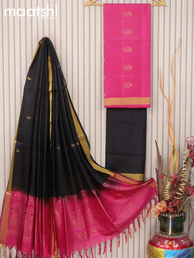 Pure silk dress material pink black with paisley zari woven buttas and bottom & zari dupatta