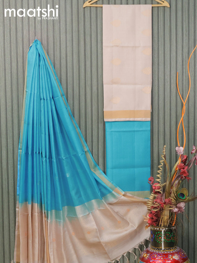 Pure silk dress material beige light blue with zari woven buttas and bottom & zari dupatta