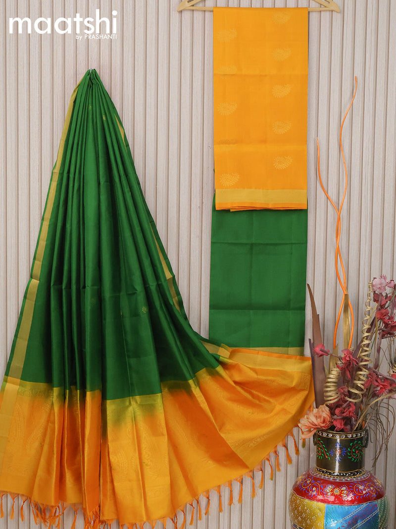 Pure silk dress material yellow green with zari woven buttas and bottom & zari dupatta