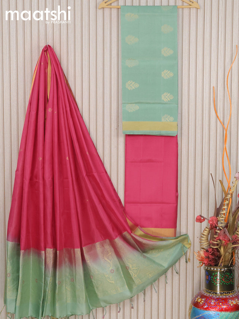 Pure silk dress material pastel green shade pink with floral zari woven buttas and bottom & zari dupatta