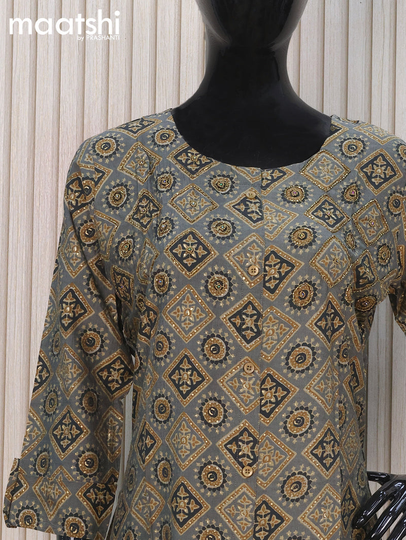 Modal readymade kurti grey with allover ajrakh prints & beaded work neck pattern and without pant