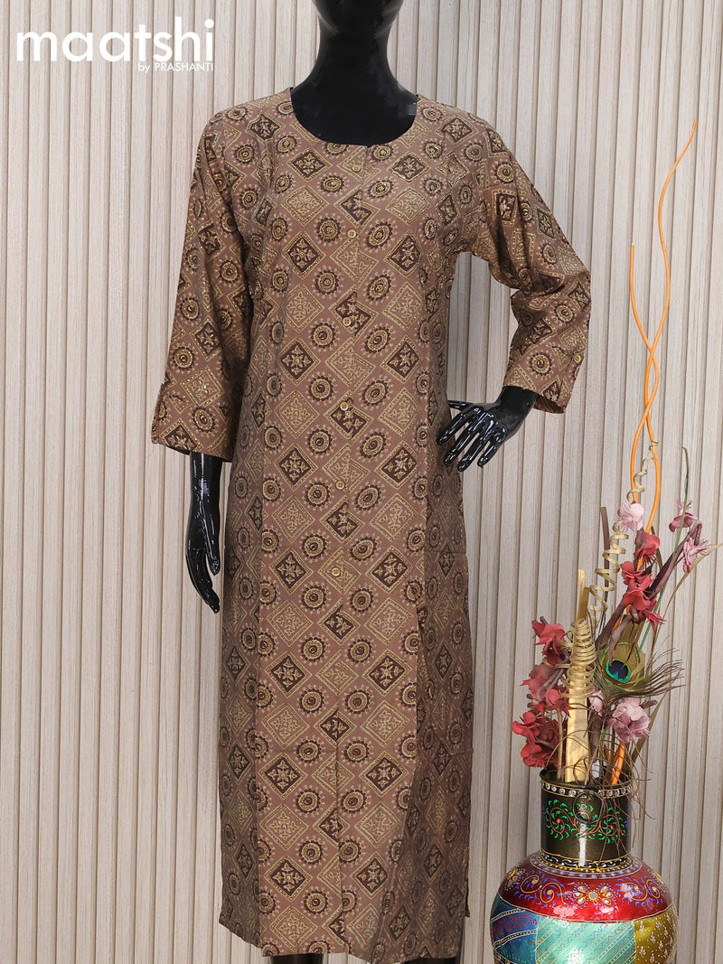 Modal readymade kurti brown with allover ajrakh prints & beaded work neck pattern and without pant