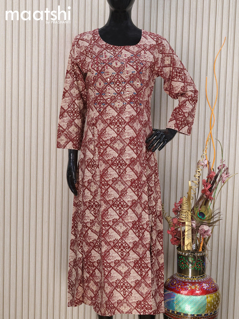 Soft cotton readymade A-line kurti beige and maroon with allover prints & mirror embroidery work neck pattern and without pant