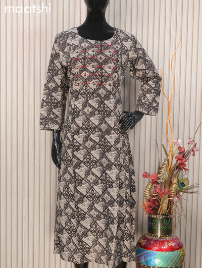 Soft cotton readymade A-line kurti beige and black with allover prints & mirror embroidery work neck pattern and without pant