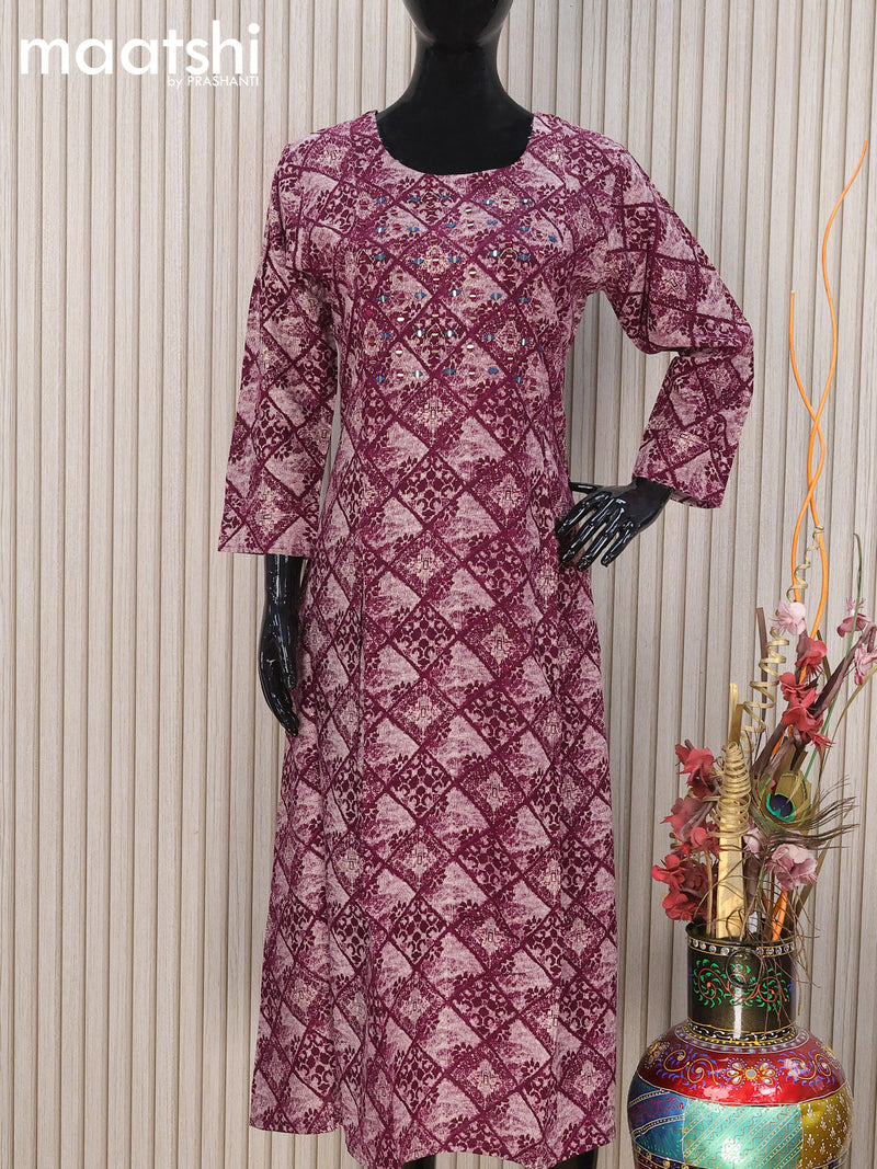 Soft cotton readymade A-line kurti beige and deep maroon with allover prints & mirror embroidery work neck pattern and without pant