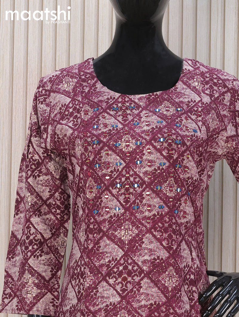 Soft cotton readymade A-line kurti beige and deep maroon with allover prints & mirror embroidery work neck pattern and without pant