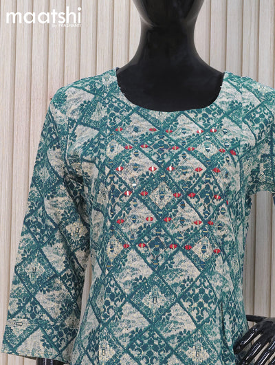 Soft cotton readymade A-line kurti beige and peacock blue with allover prints & mirror embroidery work neck pattern and without pant