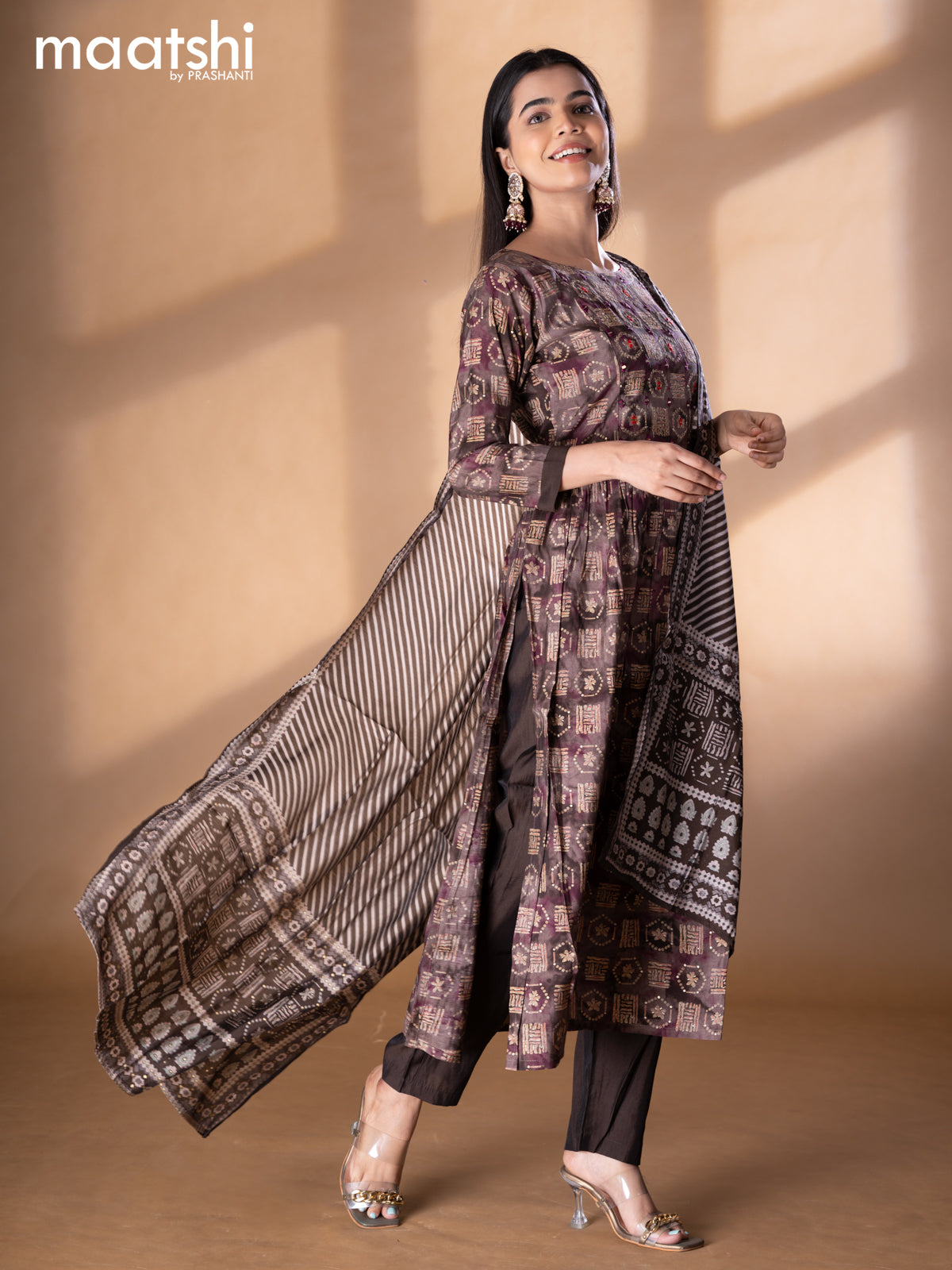Modal readymade naira cut kurti set brown shade with allover prints & mirror work neck pattern and straight cut pant & printed dupatta