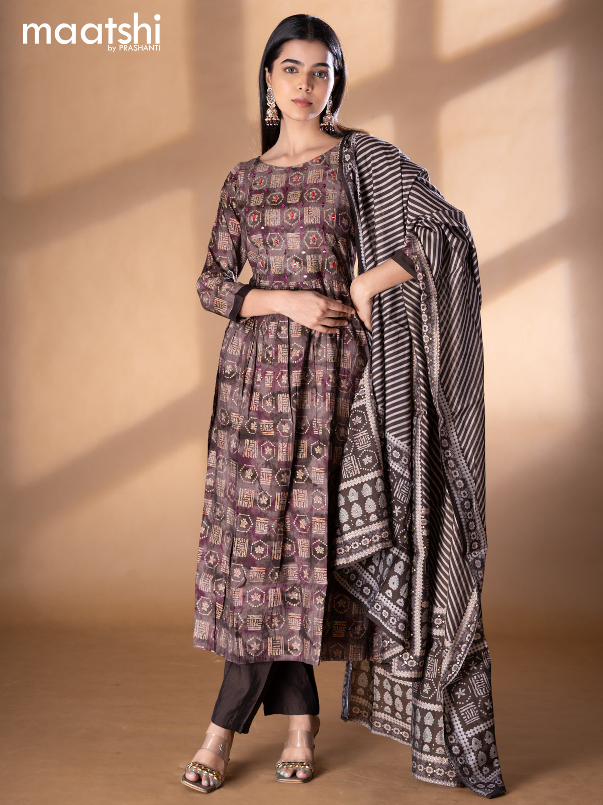 Modal readymade naira cut kurti set brown shade with allover prints & mirror work neck pattern and straight cut pant & printed dupatta