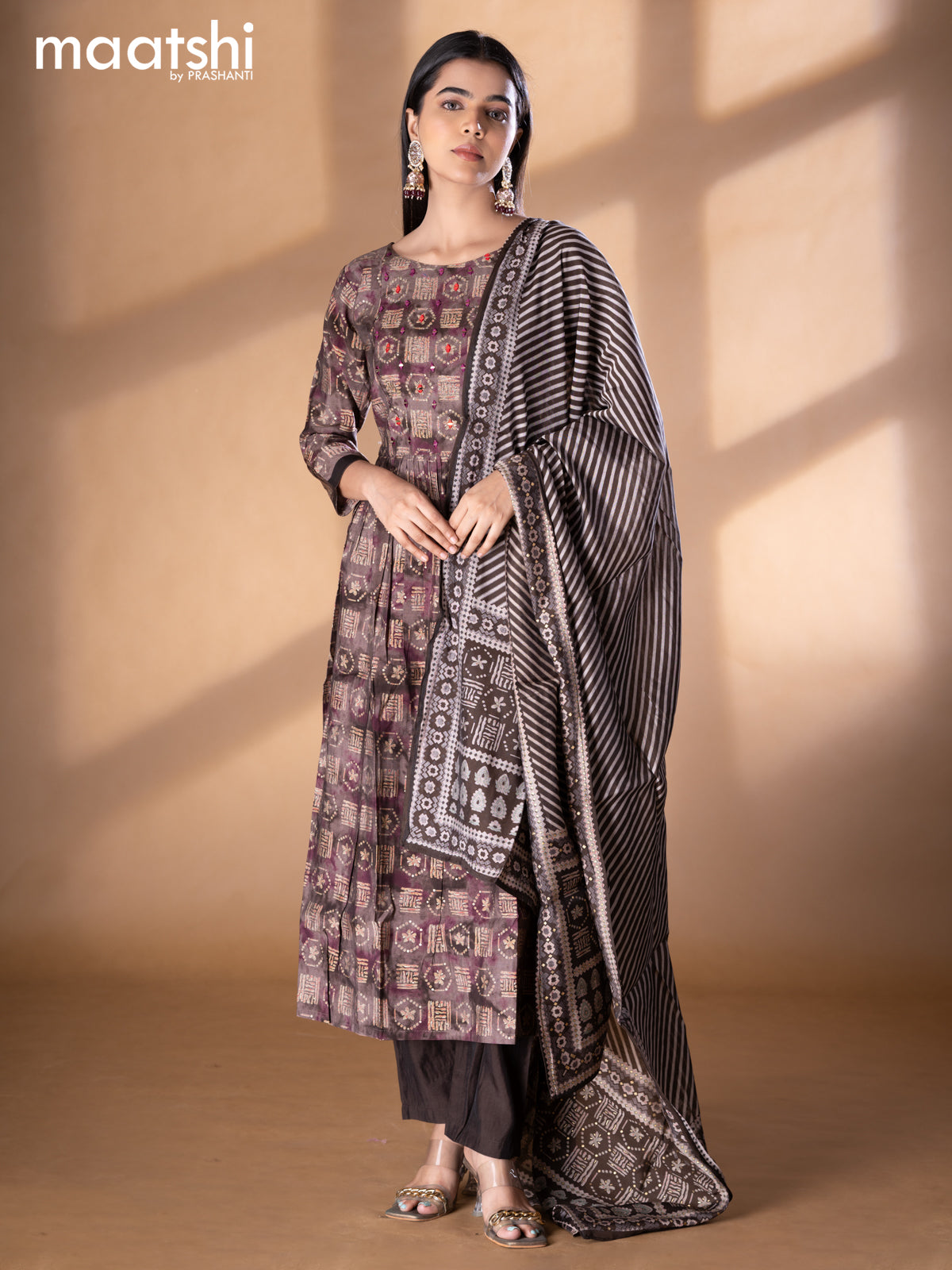 Modal readymade naira cut kurti set brown shade with allover prints & mirror work neck pattern and straight cut pant & printed dupatta