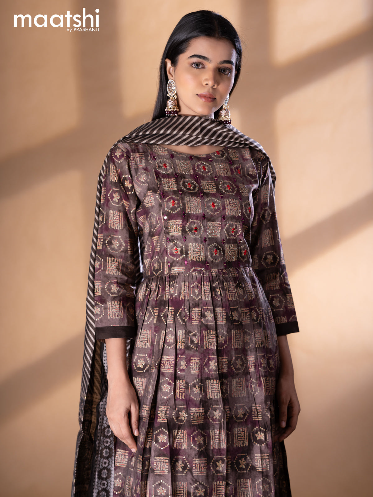 Modal readymade naira cut kurti set brown shade with allover prints & mirror work neck pattern and straight cut pant & printed dupatta