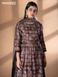 Modal readymade naira cut kurti set brown shade with allover prints & mirror work neck pattern and straight cut pant & printed dupatta