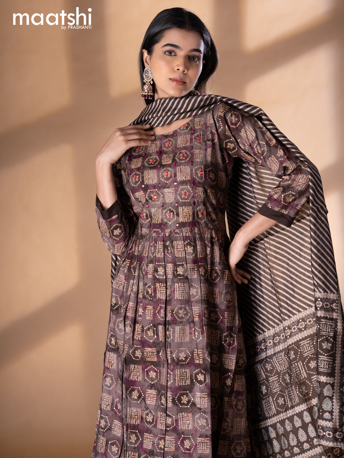 Modal readymade naira cut kurti set brown shade with allover prints & mirror work neck pattern and straight cut pant & printed dupatta