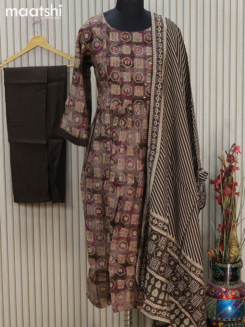 Modal readymade naira cut kurti set brown shade with allover prints & mirror work neck pattern and straight cut pant & printed dupatta