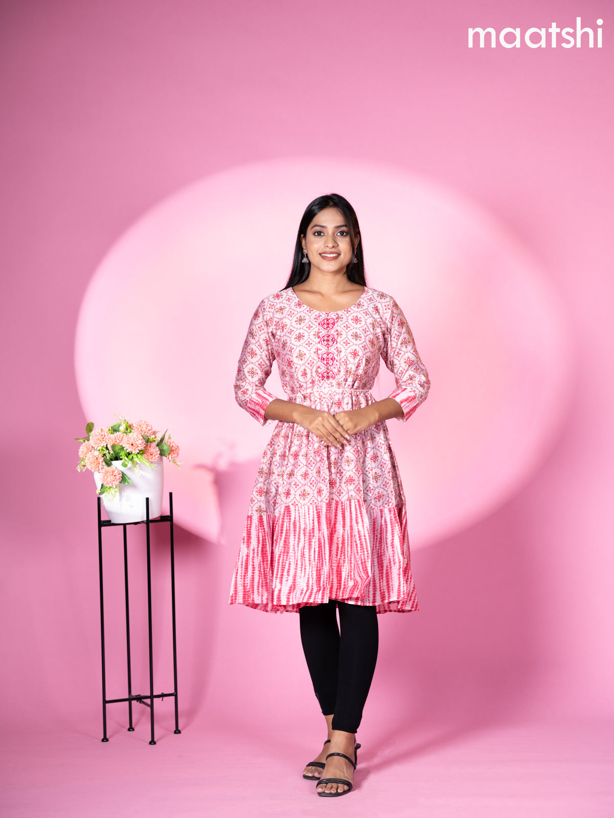 Modal readymade umbrella short kurti pastel pink with allover