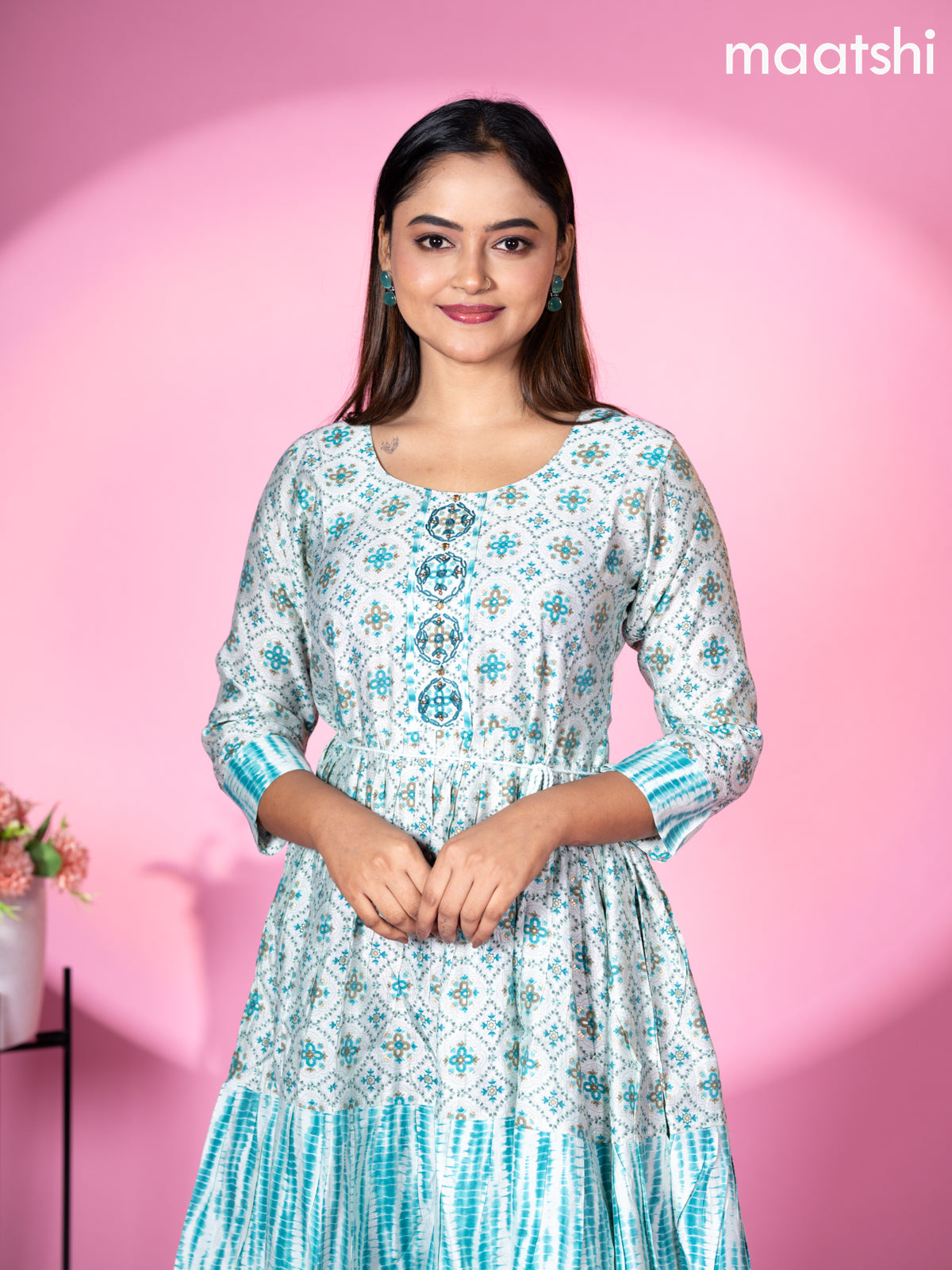 Modal readymade umbrella short kurti pastel blue with allover prints & beaded work neck pattern without pant