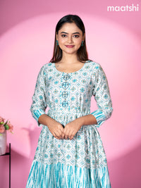 Modal readymade umbrella short kurti pastel blue with allover prints & beaded work neck pattern without pant