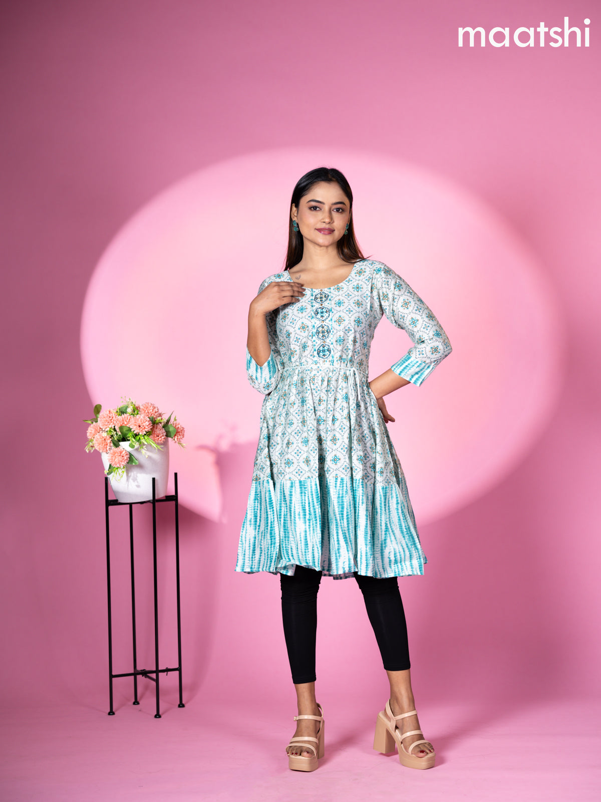 Modal readymade umbrella short kurti pastel blue with allover prints & beaded work neck pattern without pant