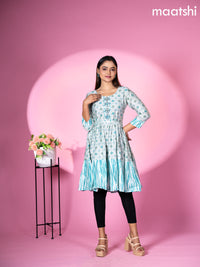 Modal readymade umbrella short kurti pastel blue with allover prints & beaded work neck pattern without pant