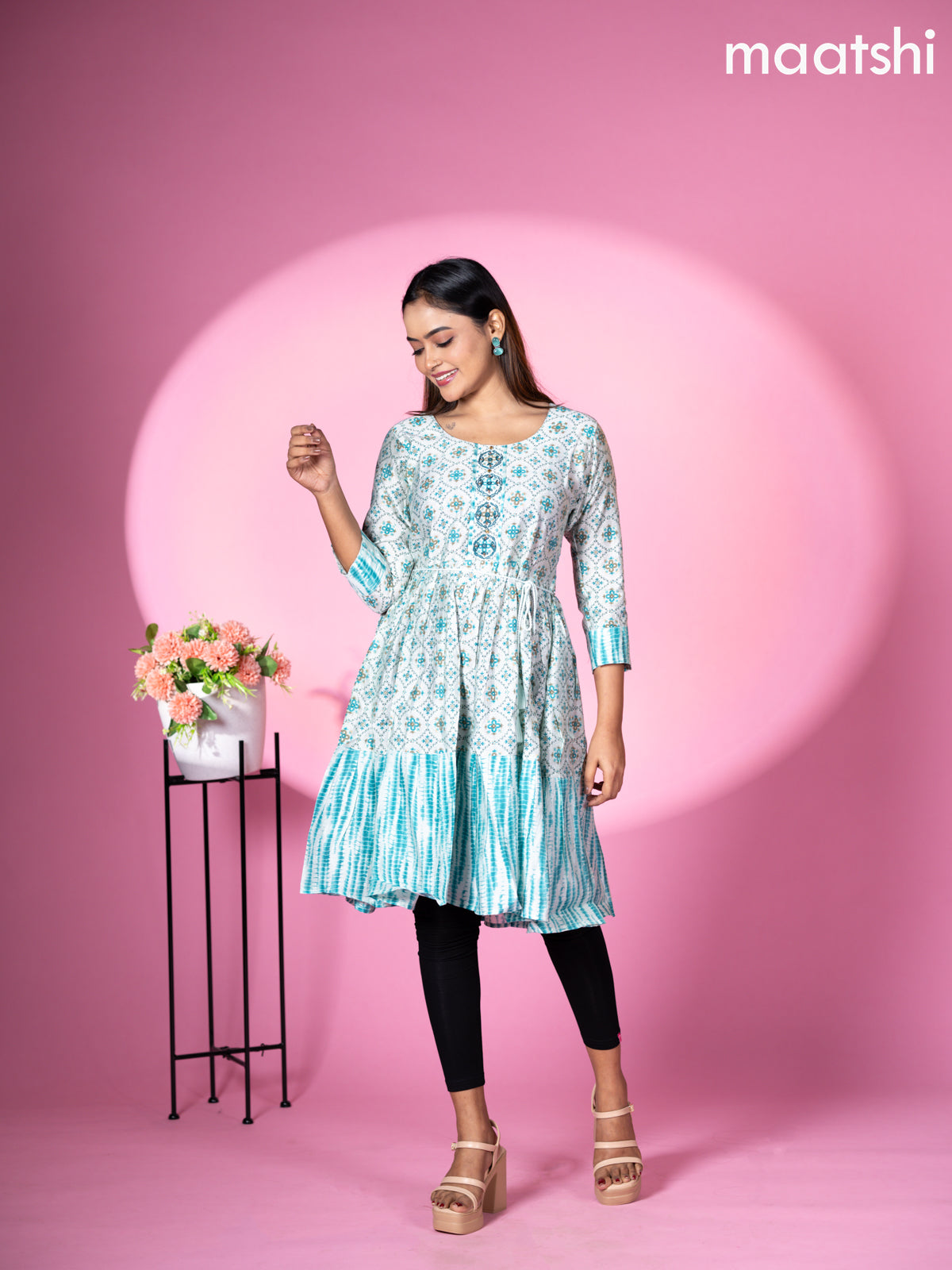 Modal readymade umbrella short kurti pastel blue with allover prints & beaded work neck pattern without pant