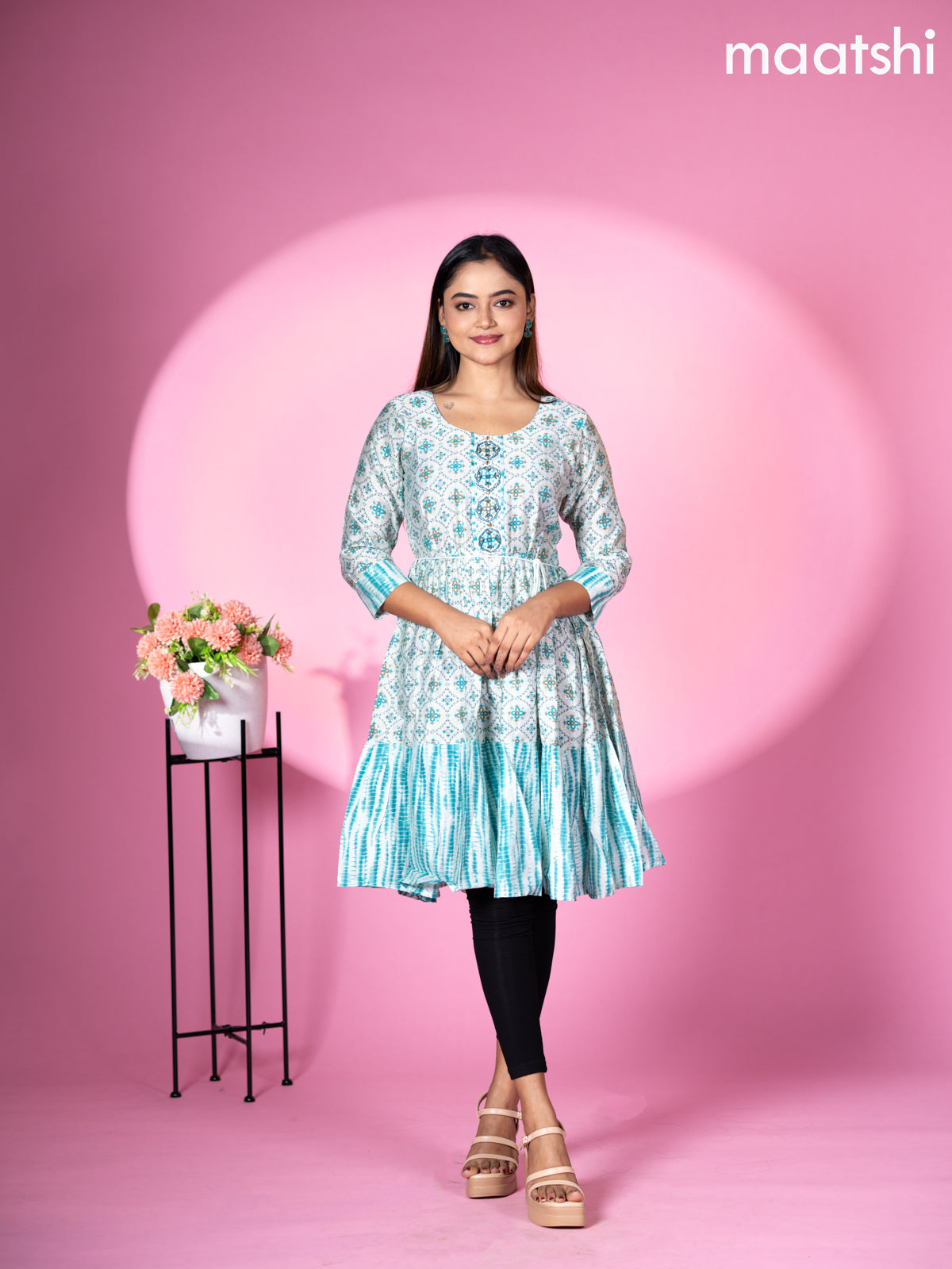 Modal readymade umbrella short kurti pastel blue with allover prints & beaded work neck pattern without pant