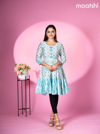 Modal readymade umbrella short kurti pastel blue with allover prints & beaded work neck pattern without pant