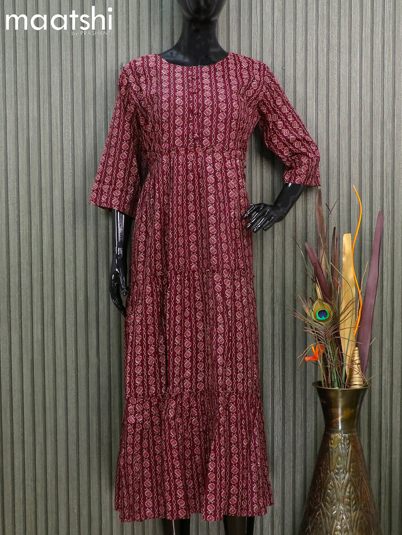 Rayon readymade umbrella kurti maroon with allover prints without pant