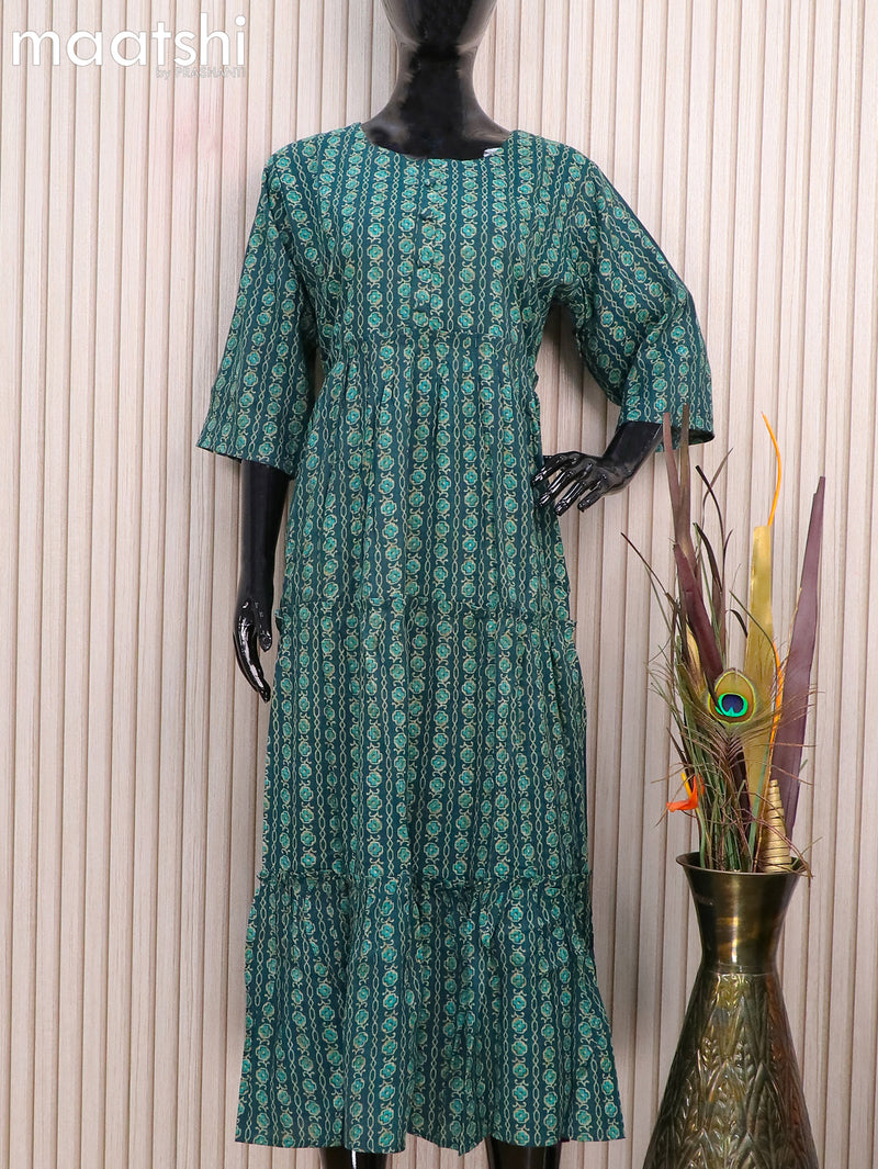 Rayon readymade umbrella kurti peacock green with allover prints without pant