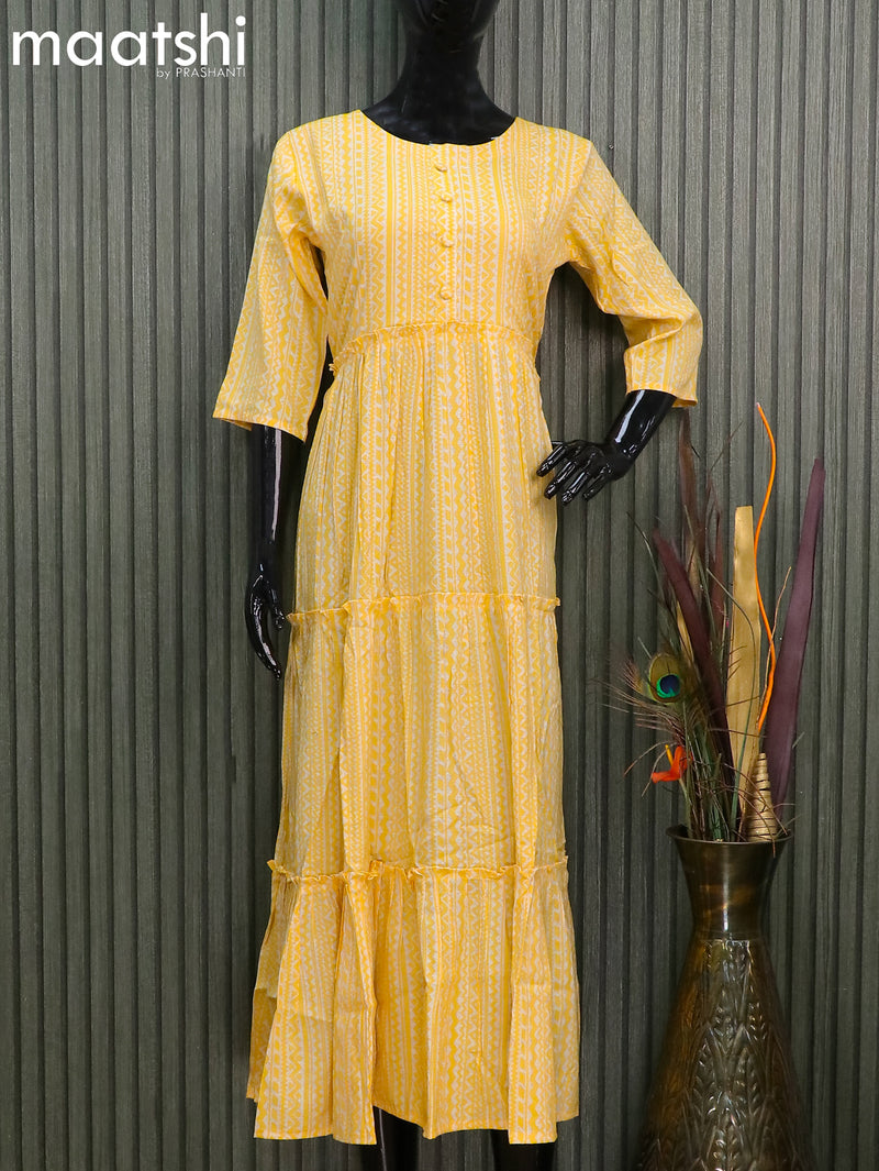 Rayon readymade umbrella kurti yellow with allover batik prints without pant