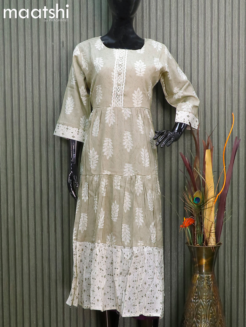 Rayon readymade umbrella kurti pastel grey shade with allover butta prints & crocia lace work neck pattern without pant