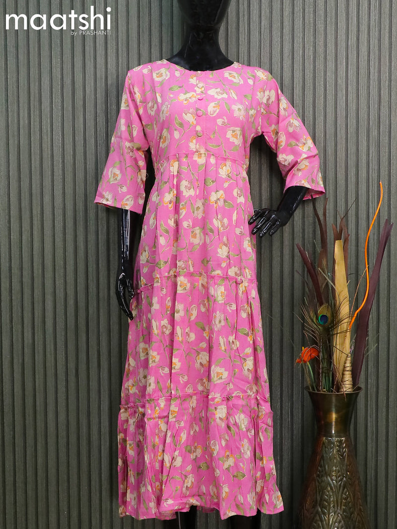 Rayon readymade umbrella kurti pink with allover floral prints without pant