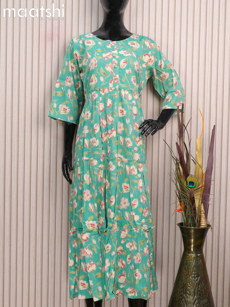 Rayon readymade umbrella kurti teal green with allover floral prints without pant