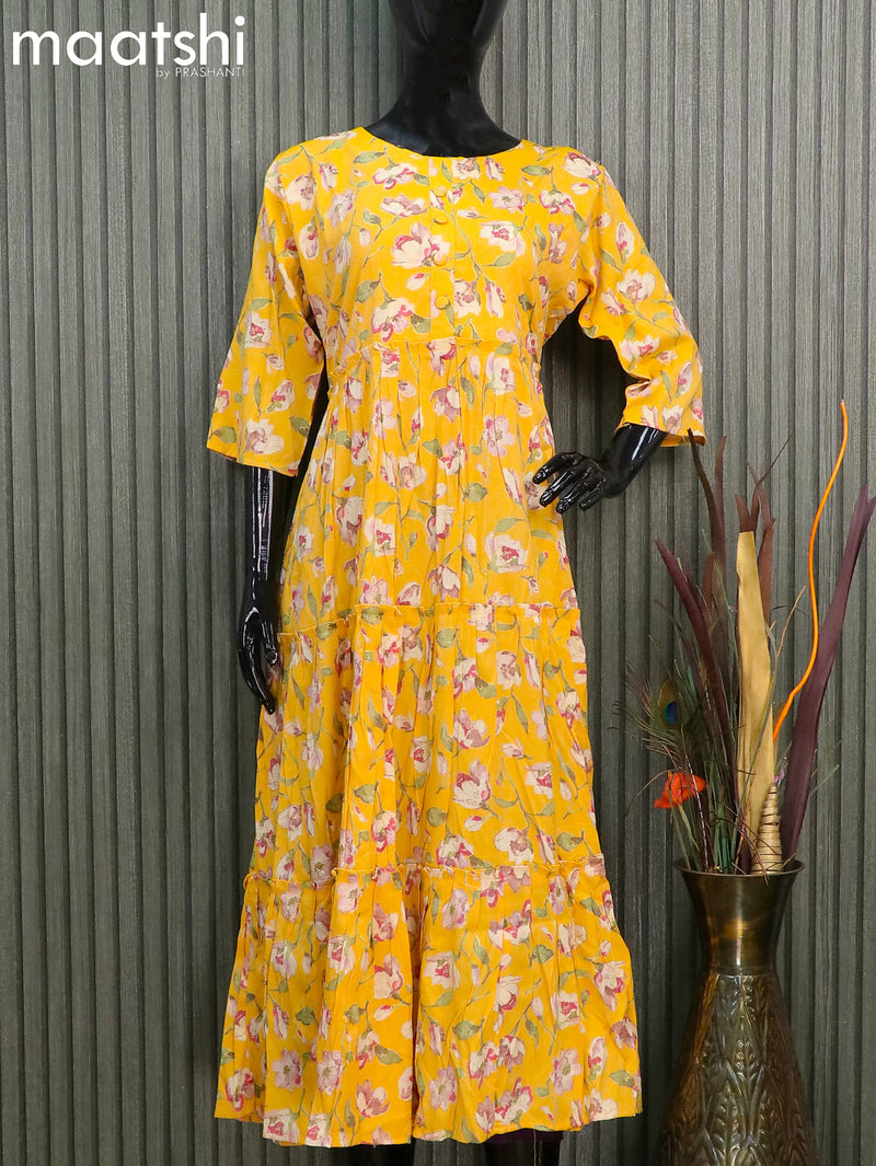 REGULAR BASIS 14KG RAYON WITH FOIL PRINT WORK LONG UMBRELLA KURTI NAVY   Ethnic Garment