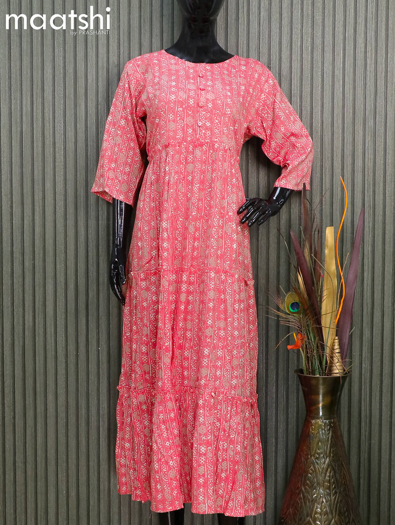 Rayon readymade umbrella kurti pink shade with allover prints without pant